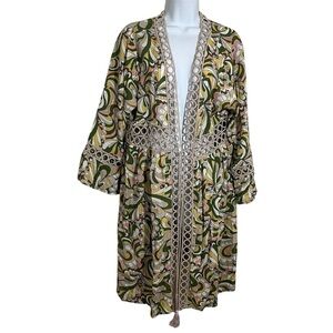 Vintage Wayan 70s Hippie Green and Cream One Size Duster Cut Out Details Tassels
